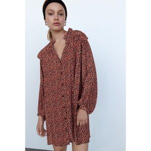 ZARA Long Sleeve Floral Ruffled Red Dress Size M